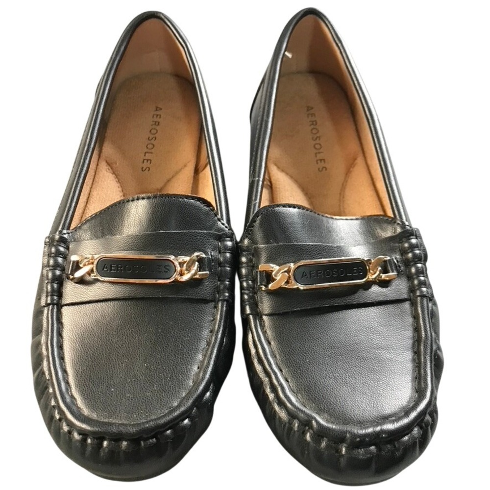 Aerosoles Mallory Black Driving Loafers Gold Chain Link Slip On Shoes 6W Wide